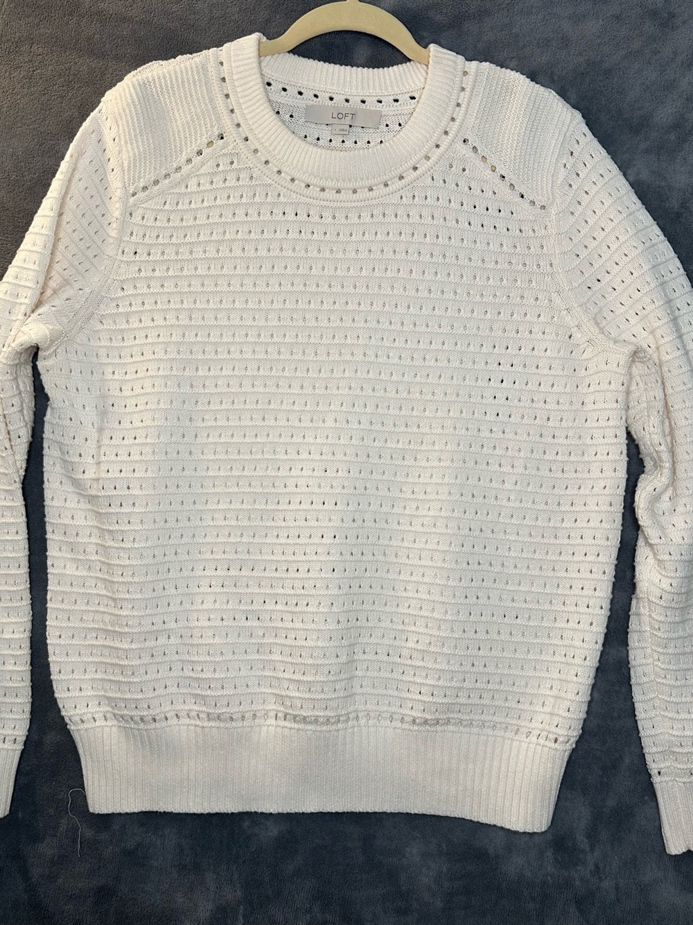 LOFT White Eyelet Stitch Crewneck Sweater